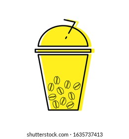 Icon yellow plastic cup for cocktail and cofe. Vector illustration isolated on white background. For printing cards, web, menu design.