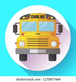 Icon of yellow school bus. Back to school. Transportation of children to school. Isolated on white background. Vector illustration.