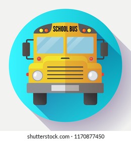 Icon of yellow school bus. Back to school. Transportation of children to school. Isolated on white background. Vector illustration.