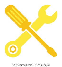 Icon of yellow screwdriver and wrench crossed, tools and hardware symbol
