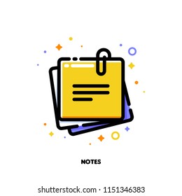 Icon of yellow sticky note with text for office work concept. Flat filled outline style. Pixel perfect 64x64. Editable stroke