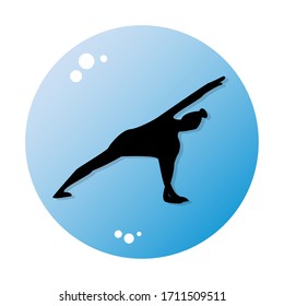 Icon yoga silhouettes of woman practicing on blue circle. Logo design, flat. Stock vector illustration.