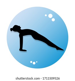 Icon yoga silhouettes of woman practicing on blue circle. Logo design, flat. Stock vector illustration.