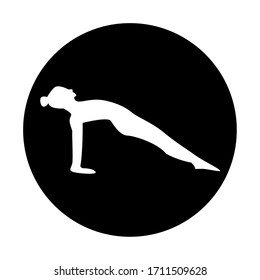 Icon yoga silhouettes of woman practicing. White in black circle. Stock vector illustration.