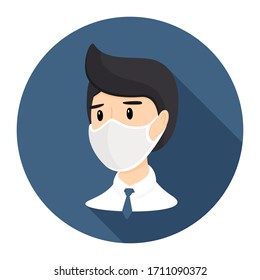 Icon with a young man in a medical mask and a tie. Business man of European appearance with dark hair. Stay healthy, save yourself from the coronavirus. Vector illustration, isolated on white. Flat.