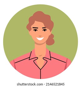 Icon of young woman in flat style isolated on white background. Portrait of a woman with brown hair in a circle. Avatar of a smiling girl in pink clothes. Vector illustration.