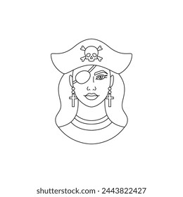 Icon of young woman  pirate in a simple line art style on white background.