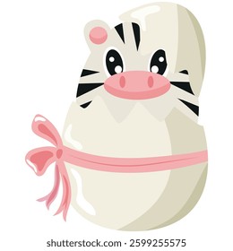 icon of a zebra sitting in a white egg with a bow, design for Easter decorations	