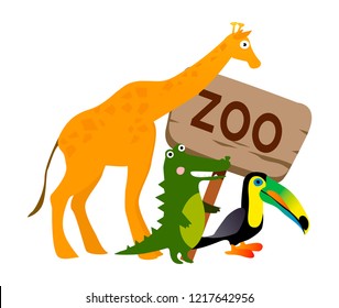 Icon of zoo with different animals. Giraffe, alligator, bird. Flat vector illustration