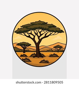 Iconic African Acacia Tree Standing Alone in Golden Savanna Grassland Under Warm Sunset Sky, Circular Badge Icon Illustration Depicting Classic African Wilderness Landscape Scenery, Great for Travel, Safari and Nature Tourism Design Projects