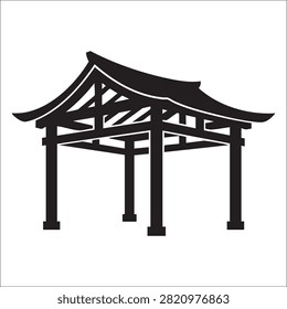 Iconic Asian gazebo design, black silhouette. Classic pavilion structure with intricate roof supports. Outdoor garden shelter, traditional oriental architectural style. Vector illustration of a temple-like structure.