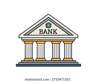Iconic bank building featuring classical architecture with columns and the word 'BANK' prominently displayed on its facade, symbolizing financial institutions and security