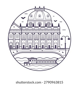 Iconic Berlin landmark circle icon inspired by Bode Museum on museum island. Famous architectural monument and tourist boat in capital of Germany in line art design.