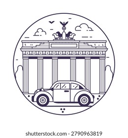 Iconic Berlin landmark circle icon inspired by Brandenburg Gate aka Brandenburger Tor building. Famous architectural monument and retro german car in capital of Germany in line art design.