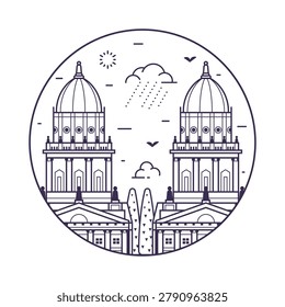 Iconic Berlin landmark circle icon inspired by Gendarmenmarkt square with French and German churches buildings. Famous architectural monument in capital of Germany in line art design.