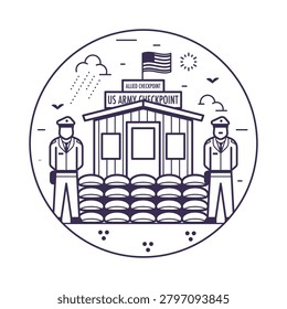 Iconic Berlin landmark circle icon inspired by Checkpoint Charlie border crossing. Famous memorial in capital of Germany in line art design.