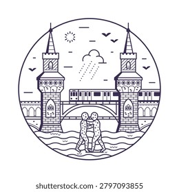 Iconic Berlin landmark circle icon inspired by Oberbaum bridge and Berliner Molecule Man statues. Famous architectural monument and U-bahn train in capital of Germany in line art design.