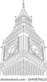 Icônica torre do relógio Big Ben em Londres, Inglaterra. Ilustração detalhada do desenho da linha preta e branca do ponto de referência.