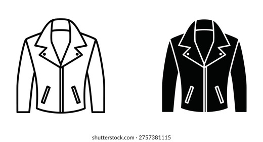 Iconic biker jacket presented in contrasting line art and solid silhouette. This vector graphic embodies rebellious spirit and enduring style, ideal for fashion brands, editorial content, or graphic design projects.