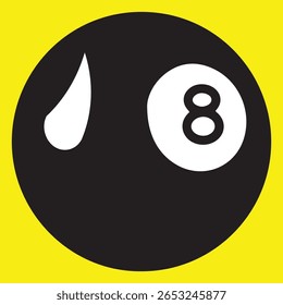 Um design icônico de bilhar preto de 8 bolas com uma forma estilizada de lágrima branca sobre um fundo amarelo vibrante. Simples, em negrito e gráfico
