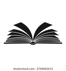 An iconic black outline of an open book, its pages spread wide, symbolizing education, literature, and learning in a minimalist style.