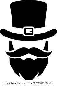 Iconic black silhouette of a leprechaun featuring a buckled top hat and a full beard, symbolizing Irish folklore.
