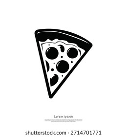 Icónica silueta negra de una rebanada de pizza, con distintos ingredientes redondos y cuadrados, listos para comer.