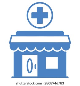Iconic blue pharmacy storefront with cross sign overhead, symbolizing healthcare services and medical assistance