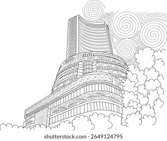 Het iconische gebouw van de Bombay Stock Exchange (BSE) in Mumbai, India, detailleerde lijnkunst met abstracte patronen en gestileerde wolken. Ideaal voor financiële projecten.