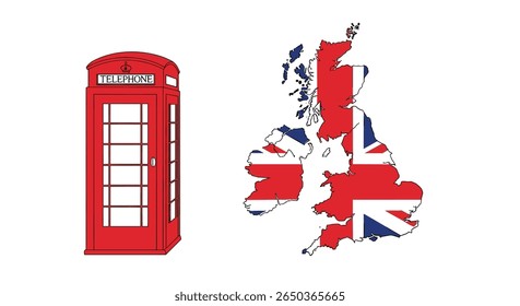 Iconic british red telephone booth and union jack map of the united kingdom