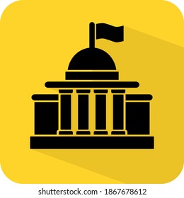 Iconic building. Mansion. Mayor's office. Town hall. Museum. Court. Governor's place. yellow color background. Black vector. Simple isolated illustration