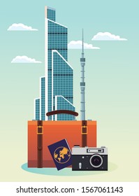 iconic buildings and suitcase with passport and camera over sky background, colorful design , vector illustration