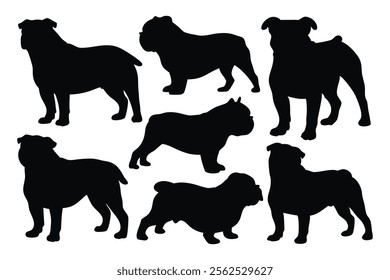 
Iconic Bulldog set silhouettes isolated flat vector illustration on white background.