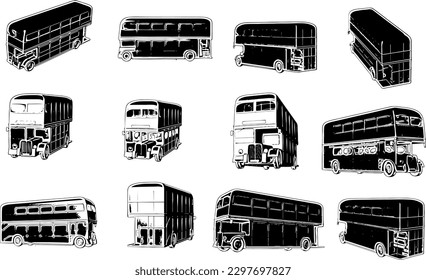 "Iconic Bus Design: Old Retro Double-Decker in Vector Silhouette"
"Retro Ride: Vintage Double-Decker Bus Silhouette from All Angles"