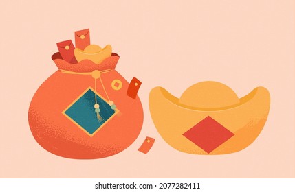 Iconic Chinese new year object set including gold ingot and fortune bag. Asian elements isolated on beige background