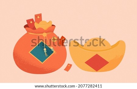 Iconic Chinese new year object set including gold ingot and fortune bag. Asian elements isolated on beige background