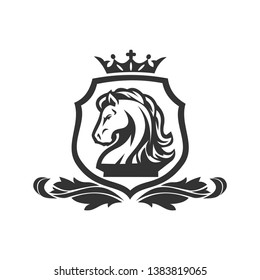 iconic classic horse logo with shield and crown illustrations on it