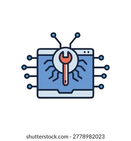 Iconic computer repair graphic centered on a black background. A wrench fixes system problem. Flat design style.