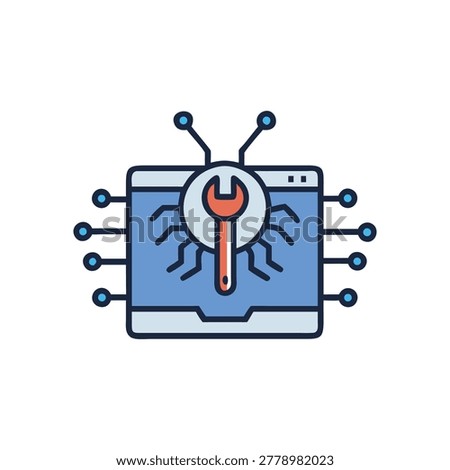 Iconic computer repair graphic centered on a black background. A wrench fixes system problem. Flat design style.