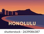 The iconic Diamond Head crater provides a stunning backdrop to the bustling Waikiki Beach in Honolulu, making it a must-see tropical destination.