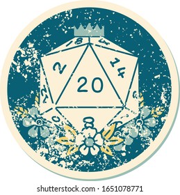 iconic distressed sticker tattoo style image of a d20