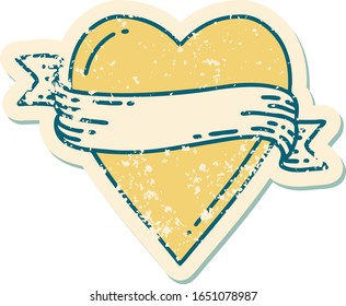 iconic distressed sticker tattoo style image of a heart and banner