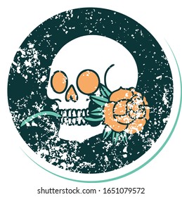 iconic distressed sticker tattoo style image of a skull and rose