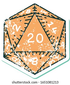 iconic distressed sticker tattoo style image of a d20 dice