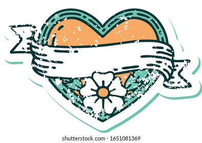iconic distressed sticker tattoo style image of a heart and banner with flowers