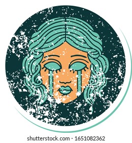 iconic distressed sticker tattoo style image of female face crying