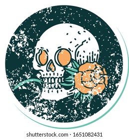 iconic distressed sticker tattoo style image of a skull and rose