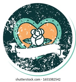 iconic distressed sticker tattoo style image of a heart rose and banner 