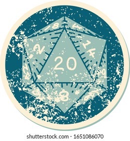 iconic distressed sticker tattoo style image of a d20 dice