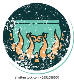 iconic distressed sticker tattoo style image of a lit cauldron
